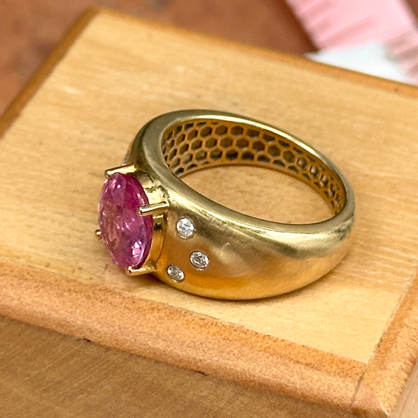 Estate 14KT Yellow Gold Oval Pink Sapphire + Diamond Dome Ring