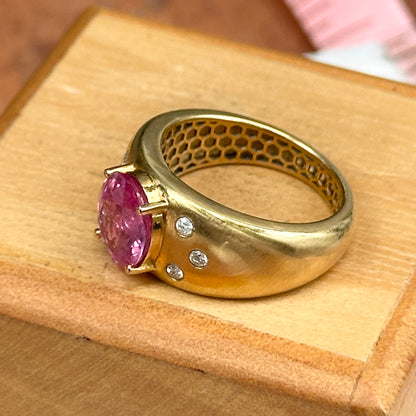 Estate 14KT Yellow Gold Oval Pink Sapphire + Diamond Dome Ring