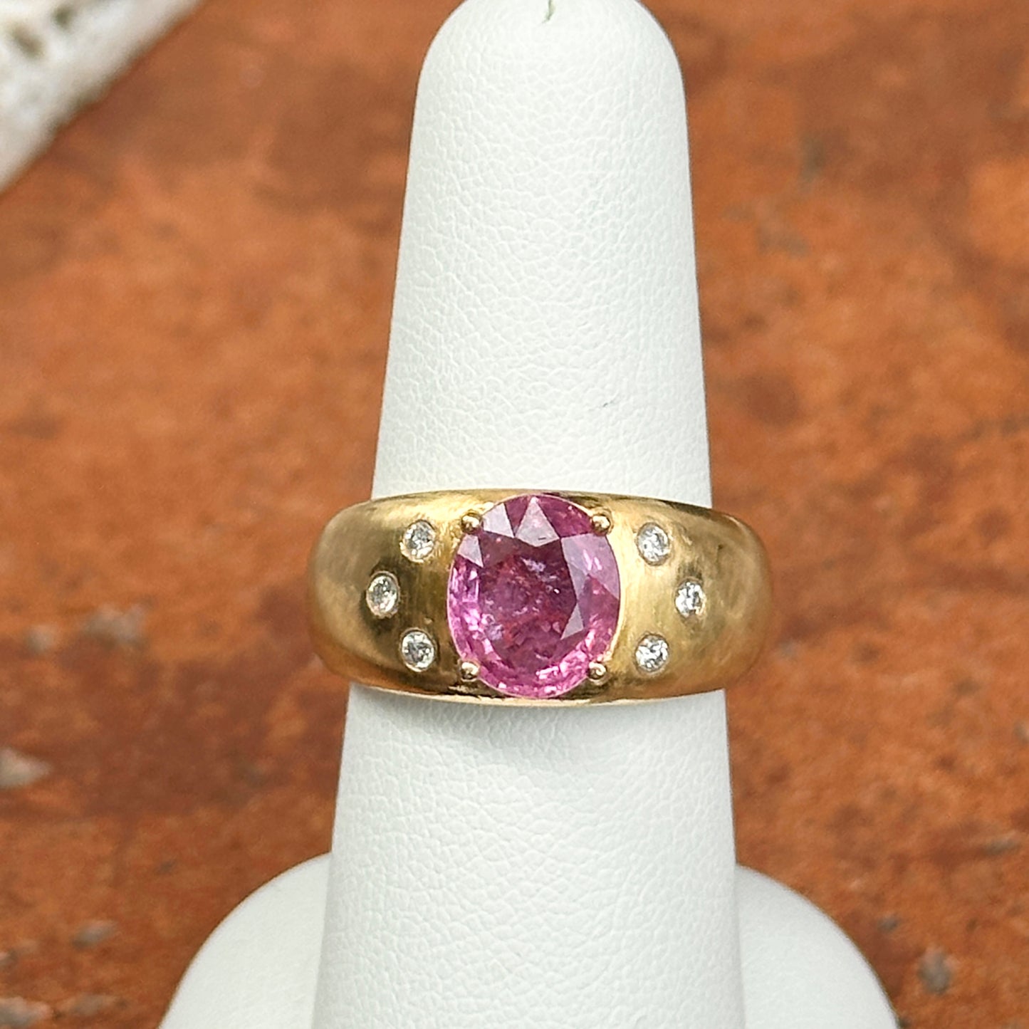 Estate 14KT Yellow Gold Oval Pink Sapphire + Diamond Dome Ring