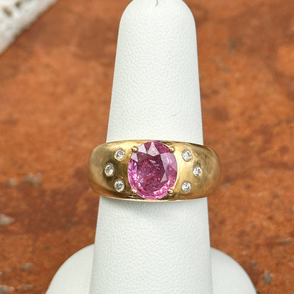 Estate 14KT Yellow Gold Oval Pink Sapphire + Diamond Dome Ring