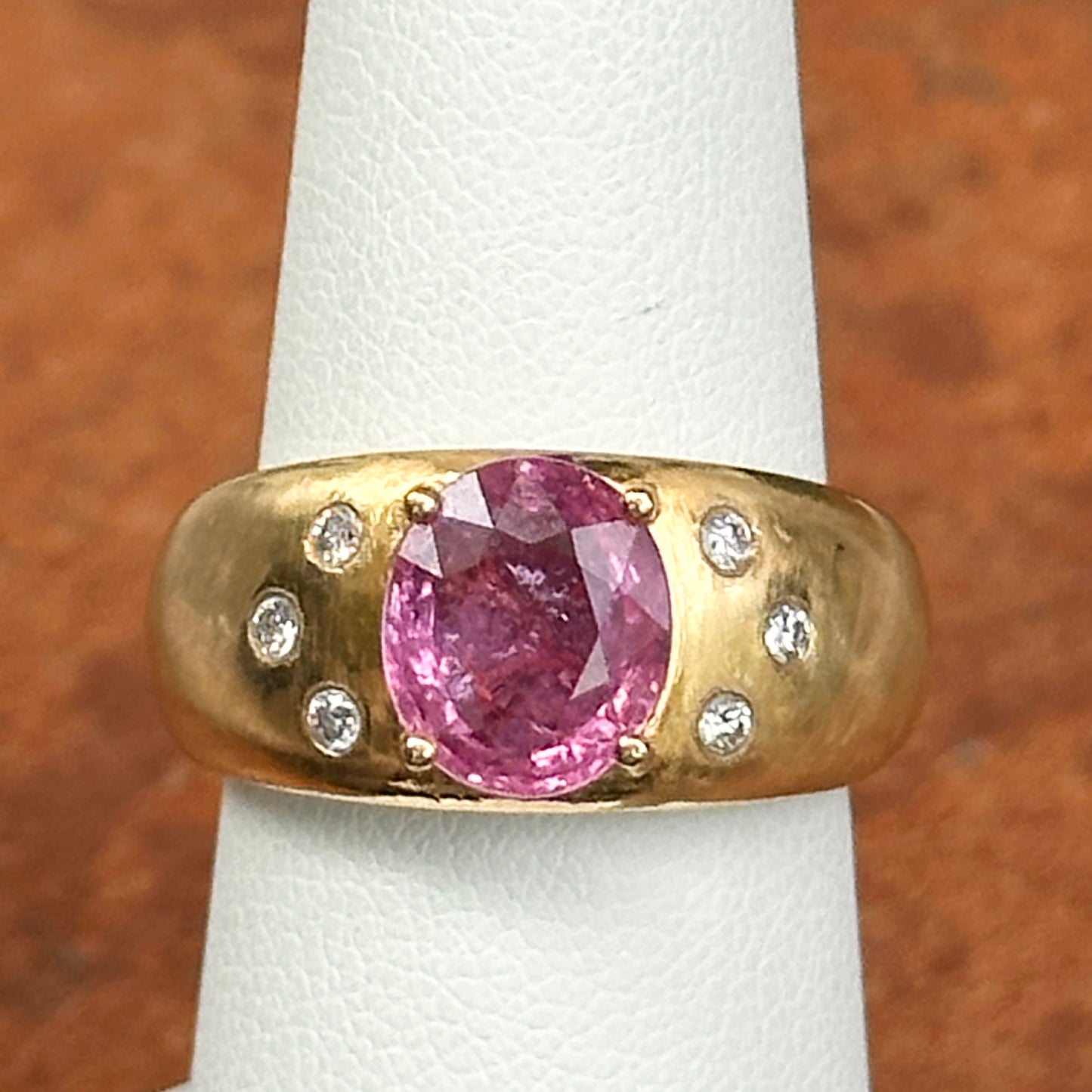 Estate 14KT Yellow Gold Oval Pink Sapphire + Diamond Dome Ring