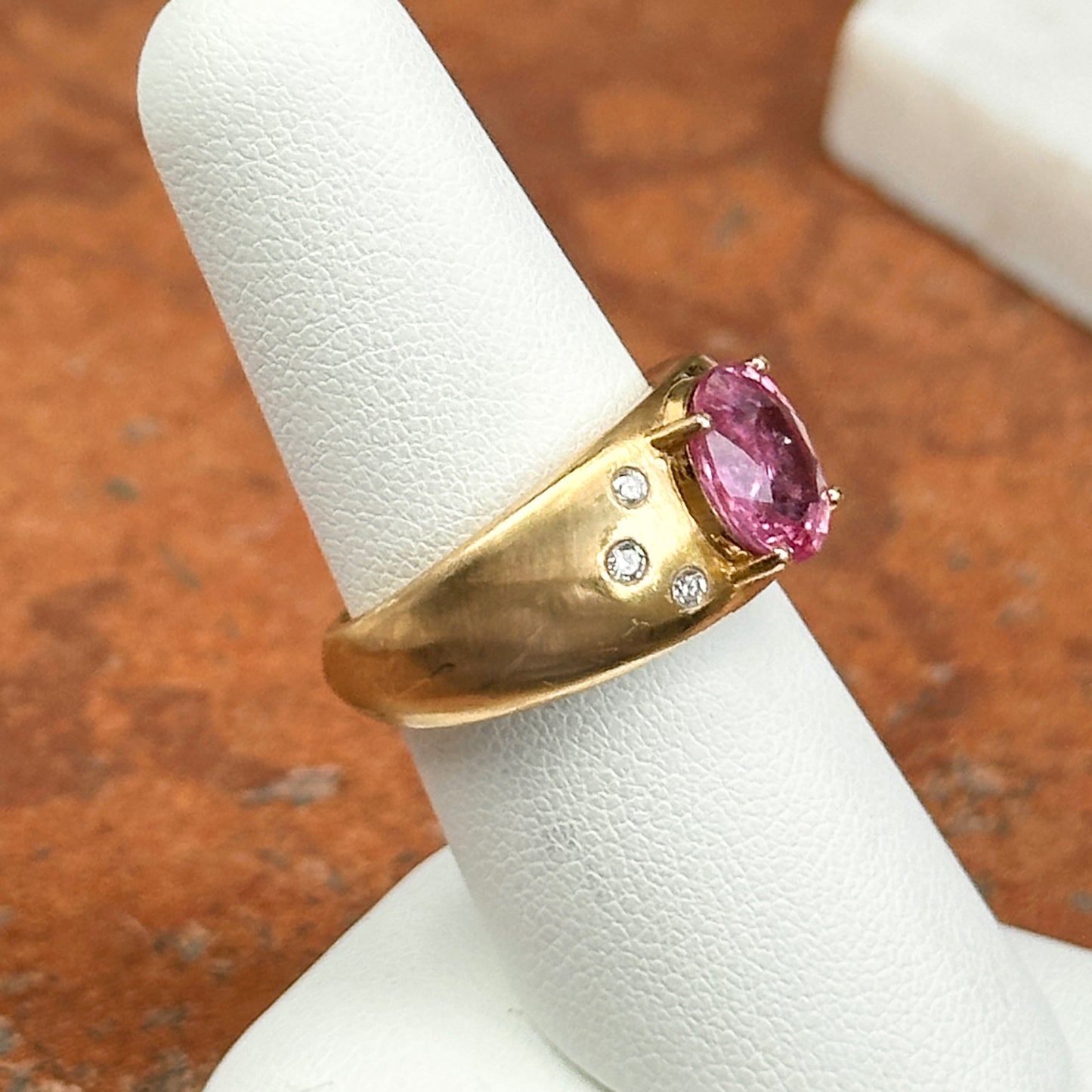 Estate 14KT Yellow Gold Oval Pink Sapphire + Diamond Dome Ring