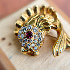 Estate Jeff Cooper 18KT Yellow Gold Pave Diamond + Ruby Fish Brooch