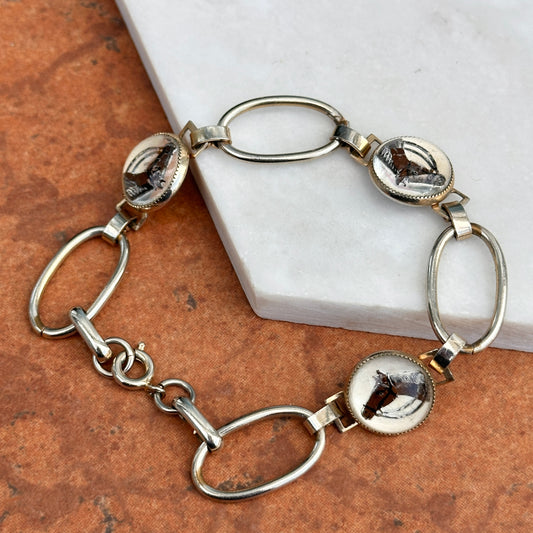 Estate Antique Silver Tone Painted Horse Bubble Glass Bracelet 7.5'' - LSJ