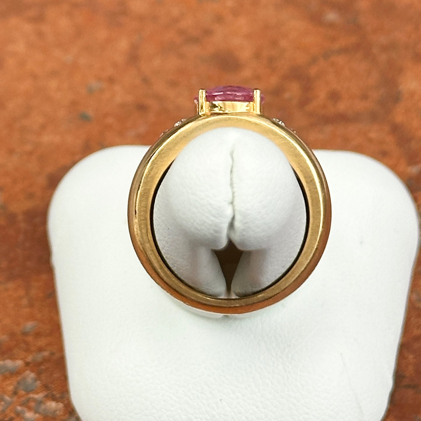 Estate 14KT Yellow Gold Oval Pink Sapphire + Diamond Dome Ring