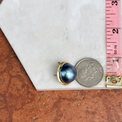 Estate 14K Yellow Gold Dyed Round Mabe Pearl Bezel Earrings
