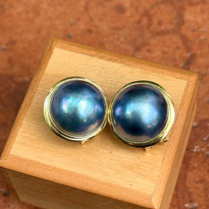 Estate 14K Yellow Gold Dyed Round Mabe Pearl Bezel Earrings