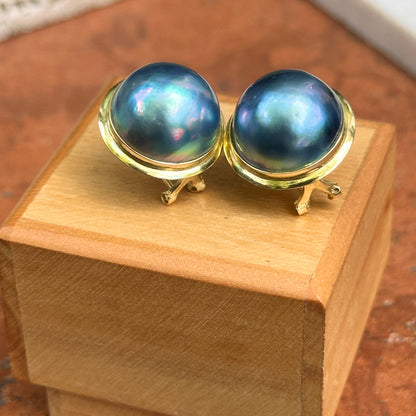 Estate 14K Yellow Gold Dyed Round Mabe Pearl Bezel Earrings