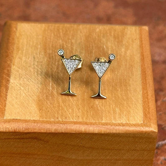 14KT Yellow Gold Pave Diamond Martini Glass Stud Earrings