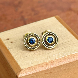 Estate 18KT Yellow Gold Byzantine Bezel Blue Sapphire Stud Earrings