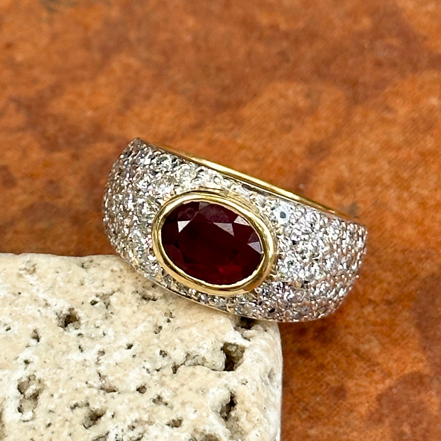 Estate 18KT Yellow Gold Oval ruby + Diamond Dome Ring