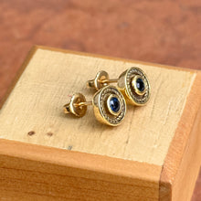Load image into Gallery viewer, Estate 18KT Yellow Gold Byzantine Bezel Blue Sapphire Stud Earrings