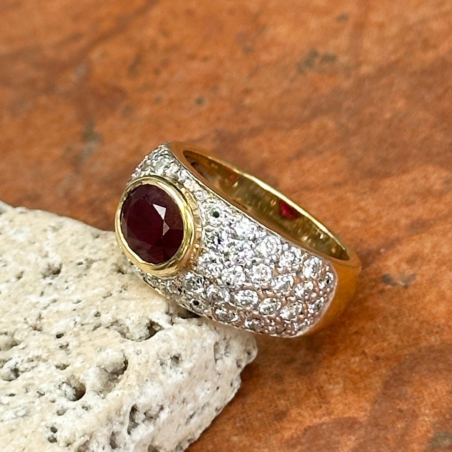 Estate 18KT Yellow Gold Oval ruby + Diamond Dome Ring