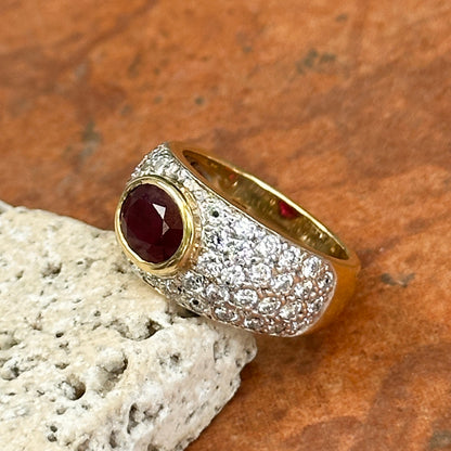 Estate 18KT Yellow Gold Oval ruby + Diamond Dome Ring