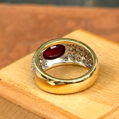 Estate 18KT Yellow Gold Oval ruby + Diamond Dome Ring