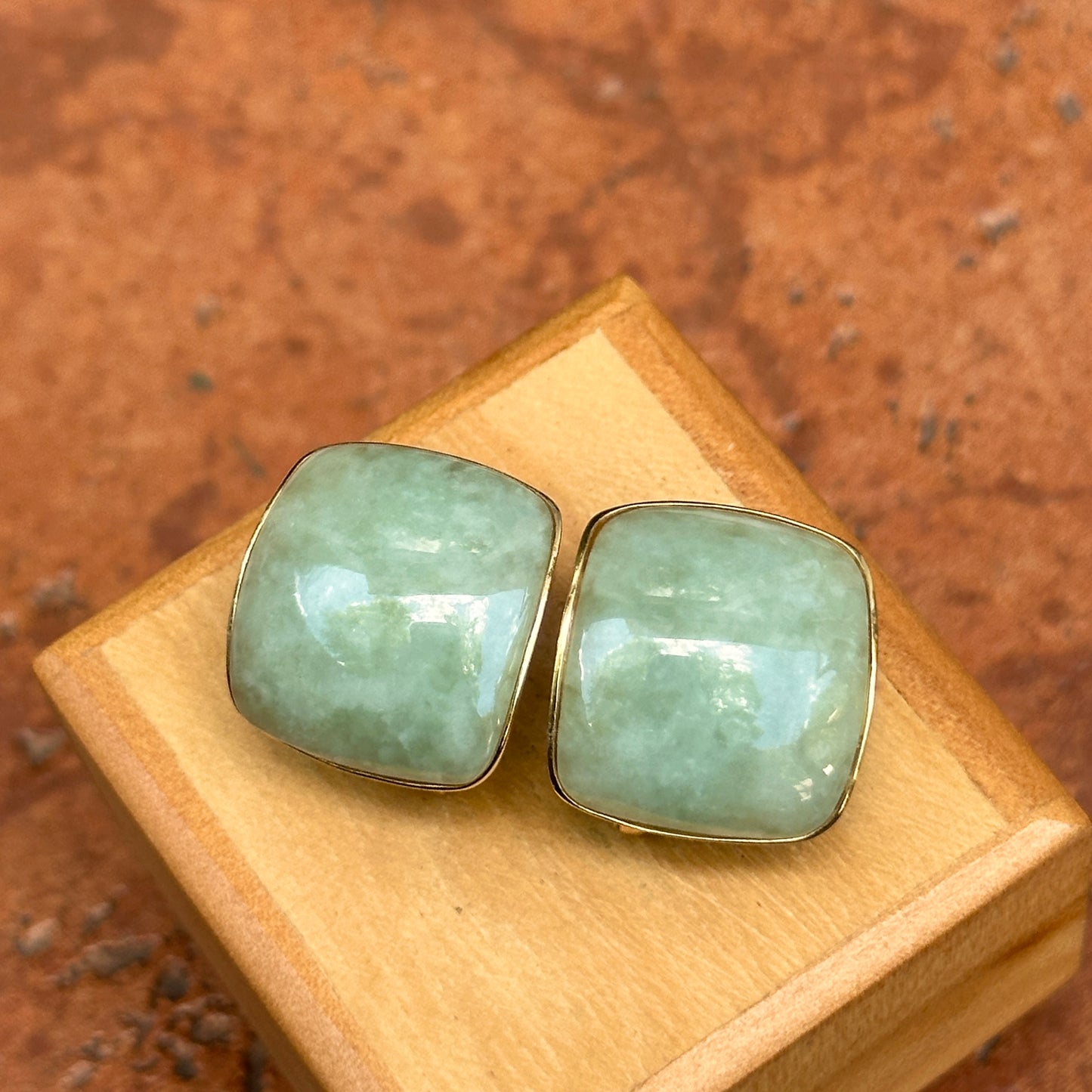 Estate 14K Yellow Gold Curved Cushion Jade Bezel Earrings