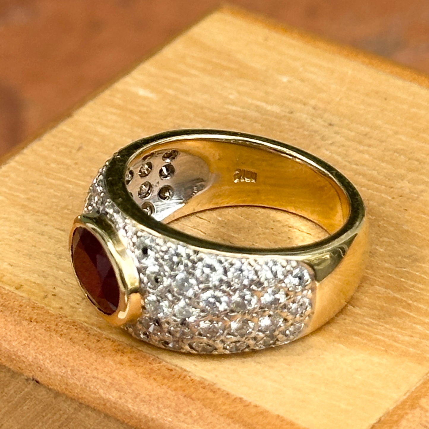 Estate 18KT Yellow Gold Oval ruby + Diamond Dome Ring