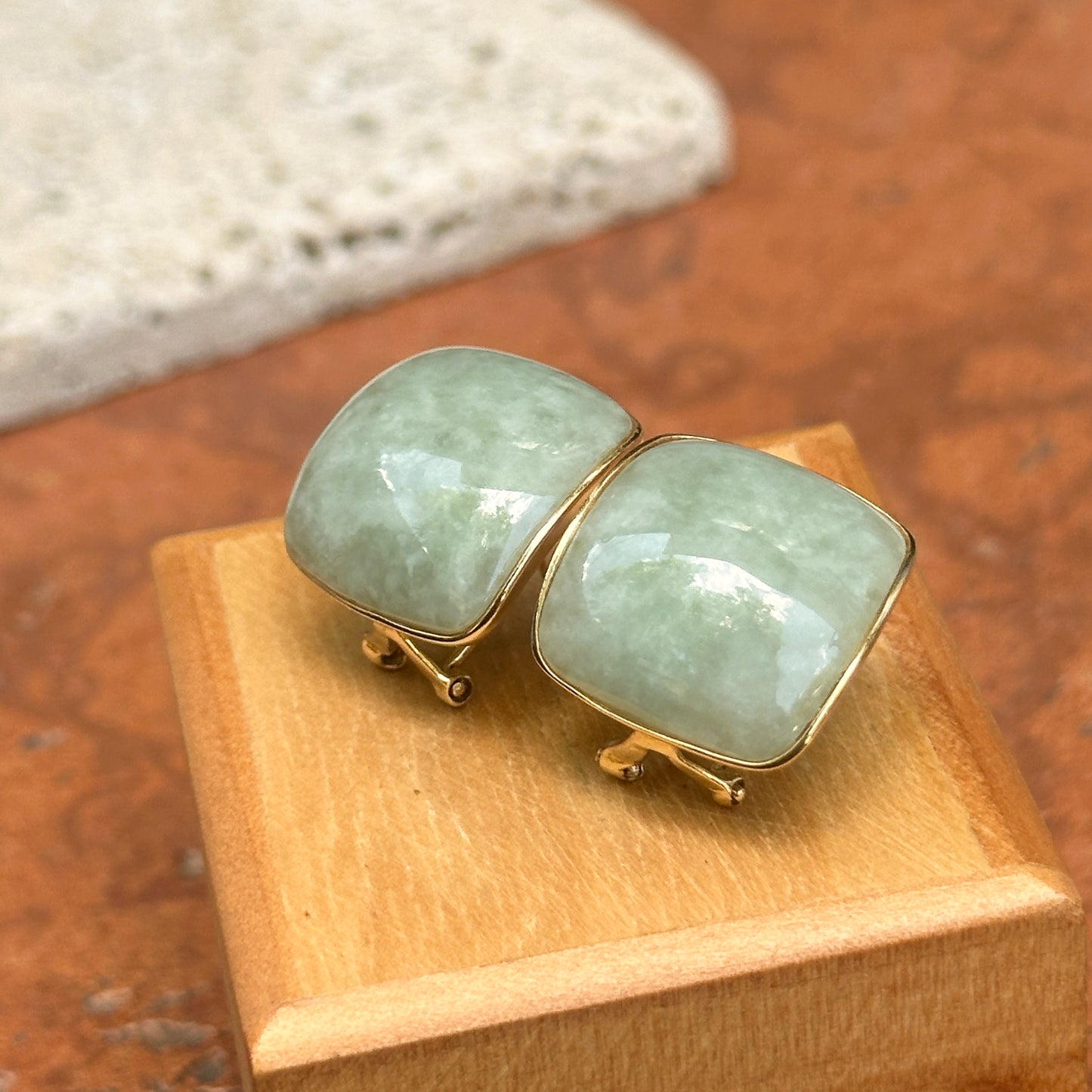 Estate 14K Yellow Gold Curved Cushion Jade Bezel Earrings
