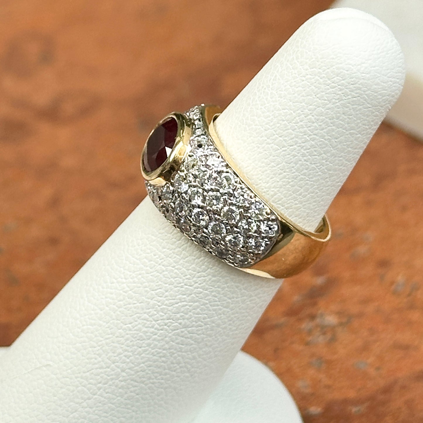 Estate 18KT Yellow Gold Oval ruby + Diamond Dome Ring