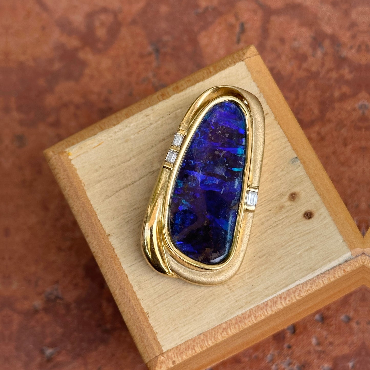 Estate 18KT Yellow Gold Large Boulder Opal + Diamond Pendant Pin