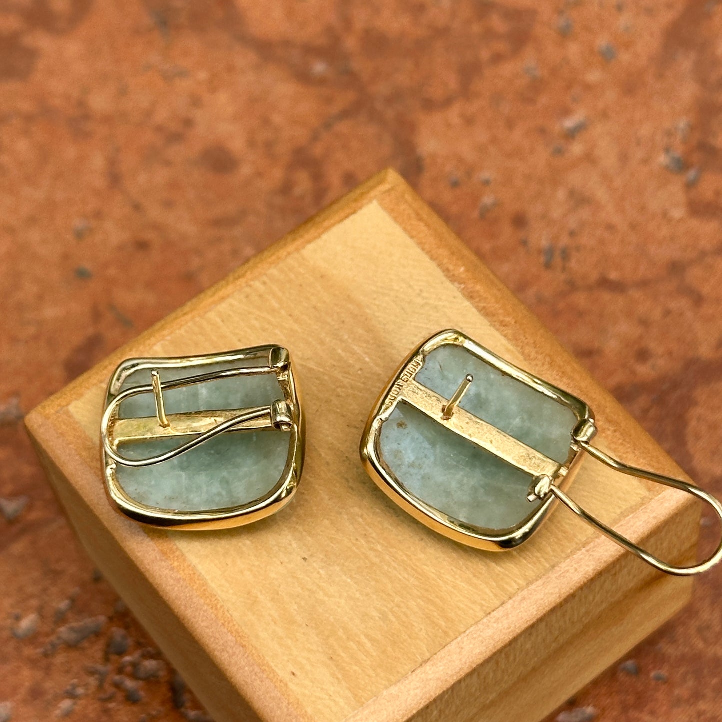 Estate 14K Yellow Gold Curved Cushion Jade Bezel Earrings