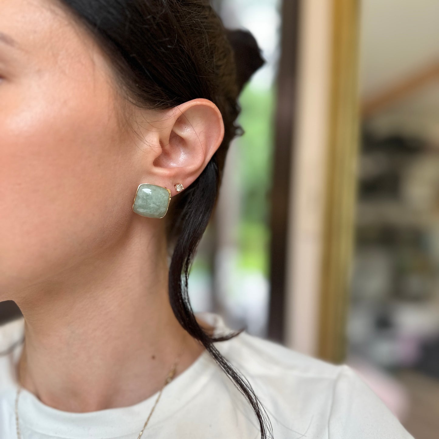 Estate 14K Yellow Gold Curved Cushion Jade Bezel Earrings