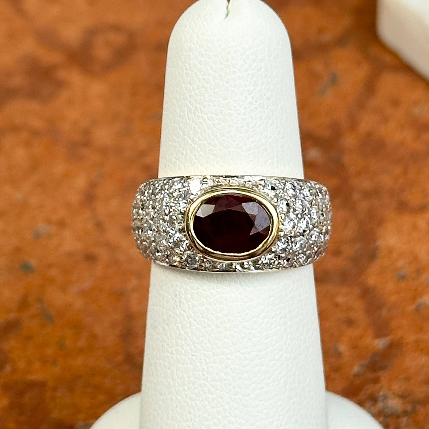 Estate 18KT Yellow Gold Oval ruby + Diamond Dome Ring