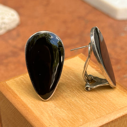 Estate Sterling Silver + Black Onyx Teardrop Omega Back Earrings