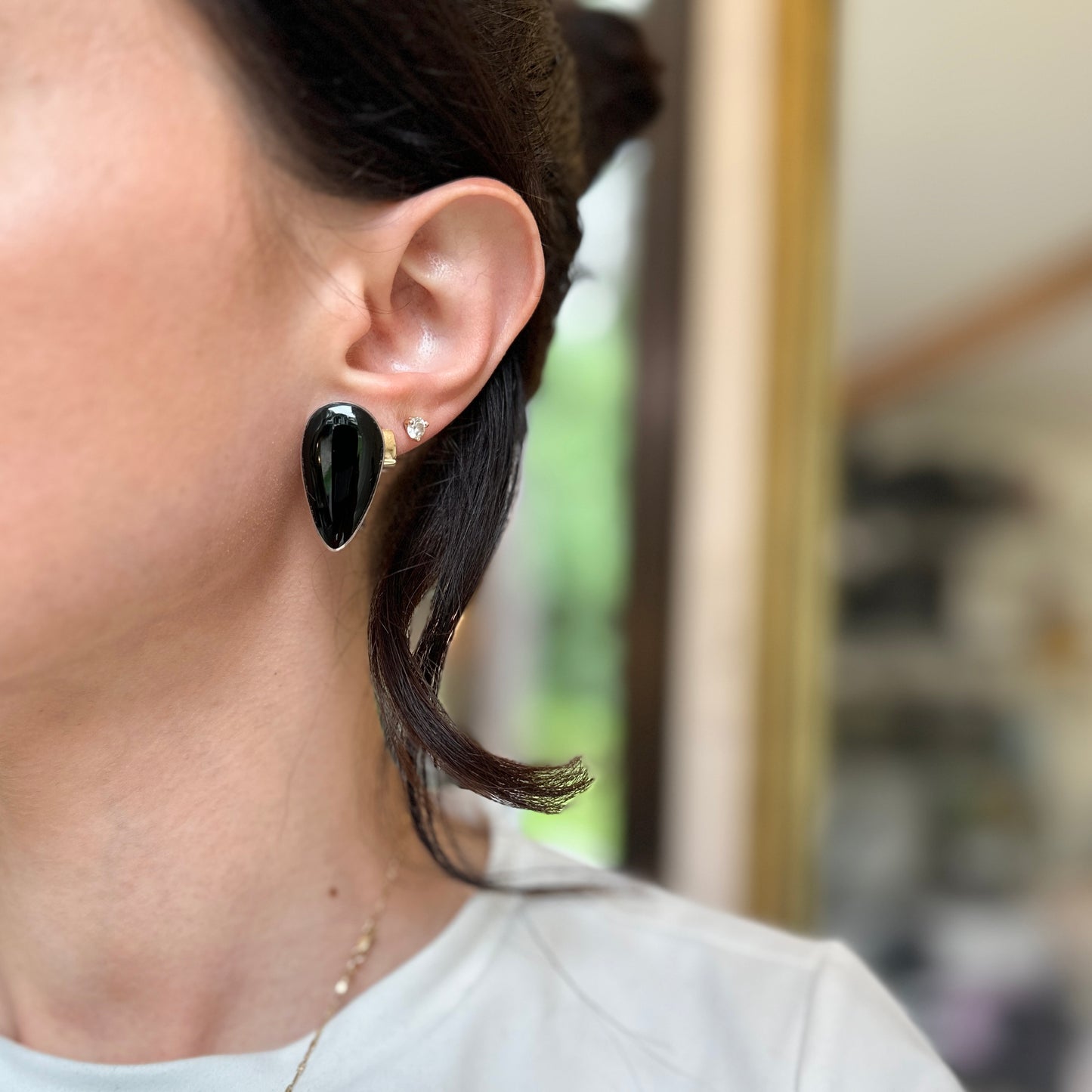 Estate Sterling Silver + Black Onyx Teardrop Omega Back Earrings