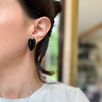 Estate Sterling Silver + Black Onyx Teardrop Omega Back Earrings