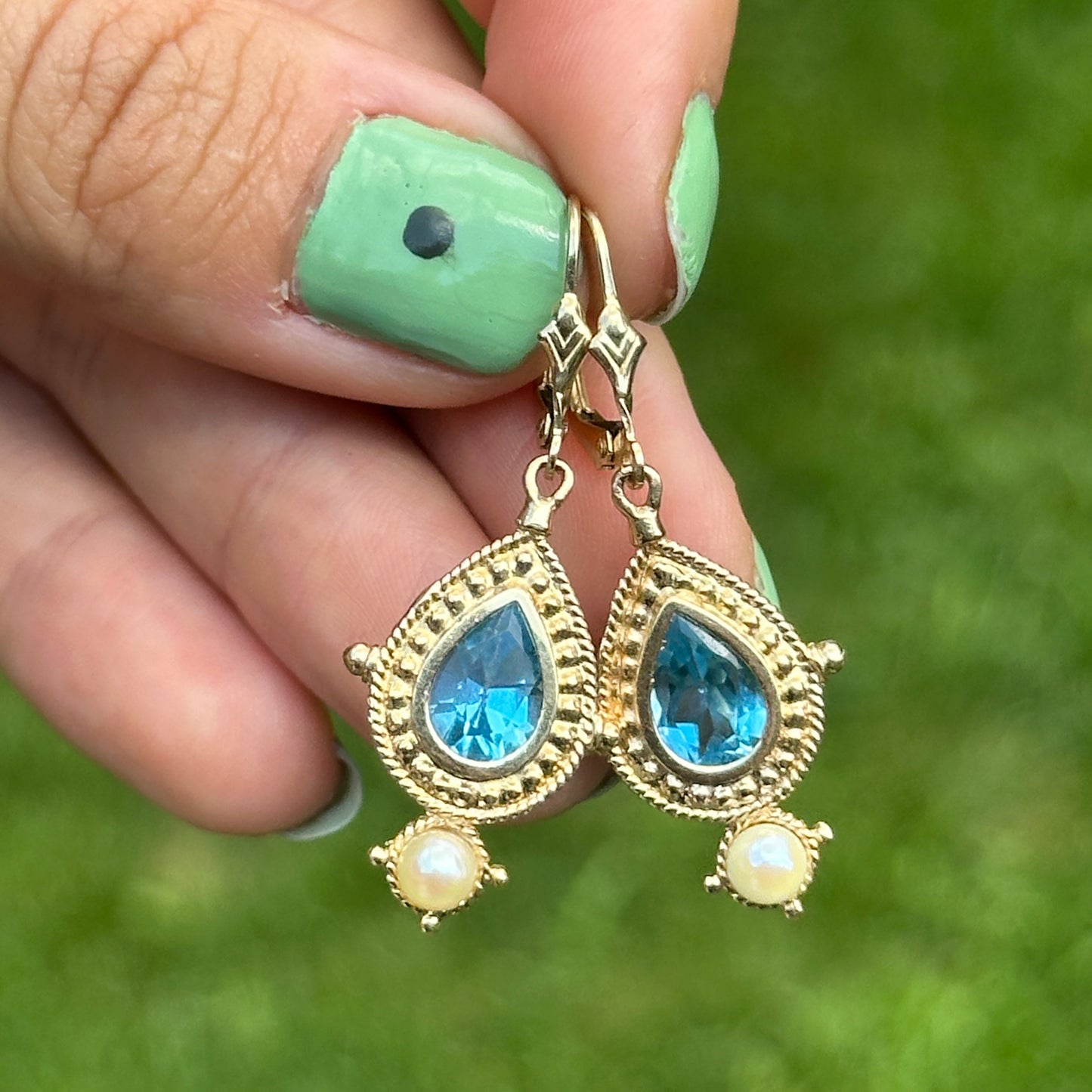 Estate 14KT Yellow Gold Pear Swiss Blue Topaz + Pearl Filigree Dangle Earrings