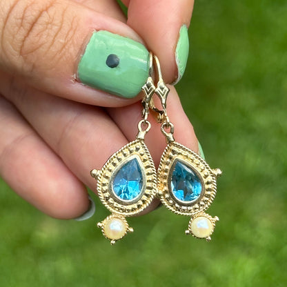 Estate 14KT Yellow Gold Pear Swiss Blue Topaz + Pearl Filigree Dangle Earrings