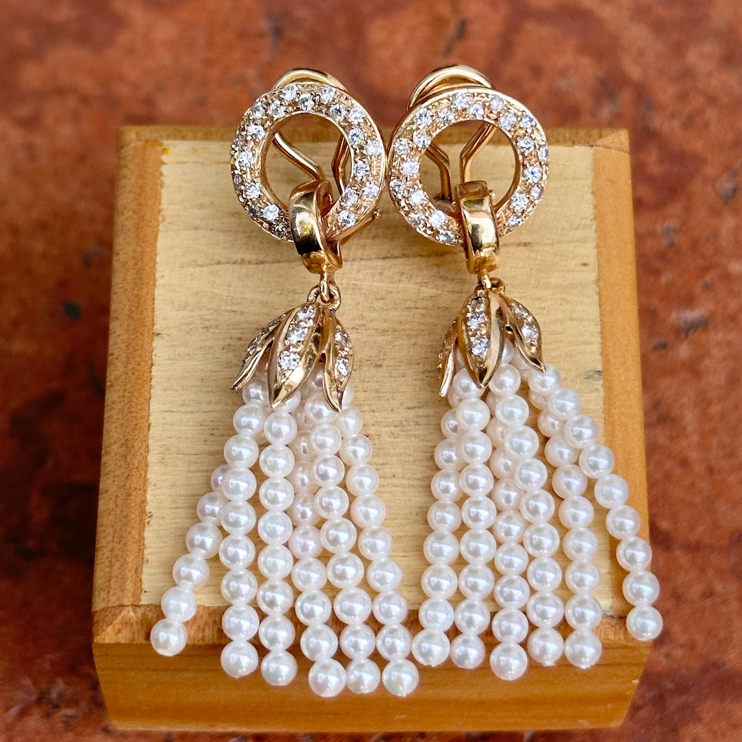 Estate 14KT Yellow Gold Seed Pearl Tassel + Diamond Clip-On Earrings