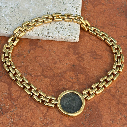 Estate Gold-Tone Ancient Replica Roman Coin + Panther Chain Necklace 17" - LSJ