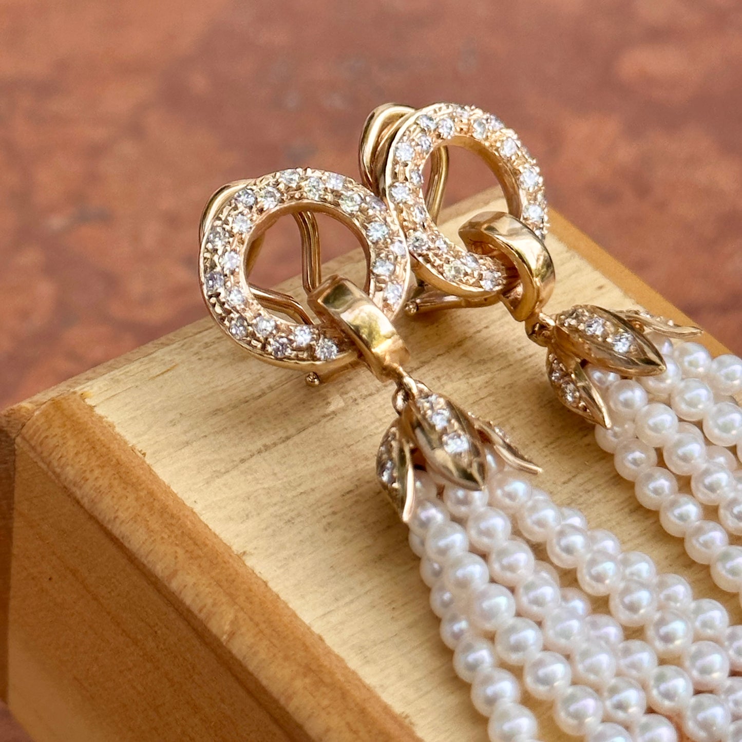 Estate 14KT Yellow Gold Seed Pearl Tassel + Diamond Clip-On Earrings