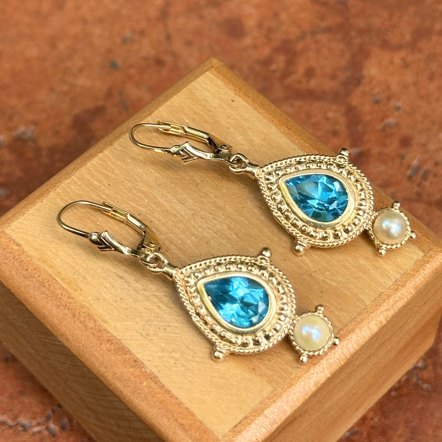 Estate 14KT Yellow Gold Pear Swiss Blue Topaz + Pearl Filigree Dangle Earrings