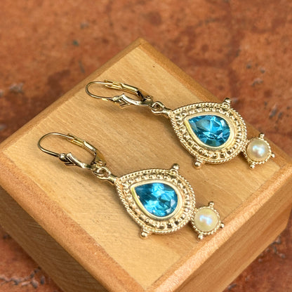 Estate 14KT Yellow Gold Pear Swiss Blue Topaz + Pearl Filigree Dangle Earrings