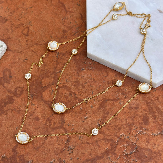 Estate Sterling Silver Yellow Gold Plated Mother of Pearl + Cubic Zirconia Freida Rothman Station Necklace 36"
