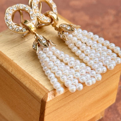 Estate 14KT Yellow Gold Seed Pearl Tassel + Diamond Clip-On Earrings