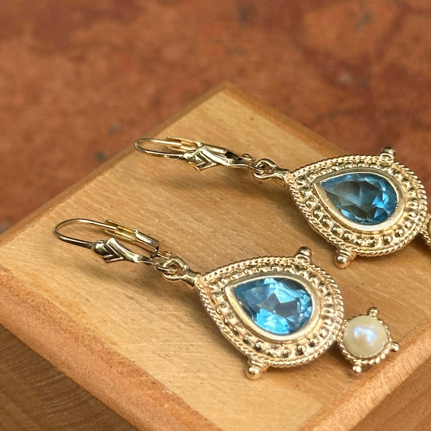 Estate 14KT Yellow Gold Pear Swiss Blue Topaz + Pearl Filigree Dangle Earrings