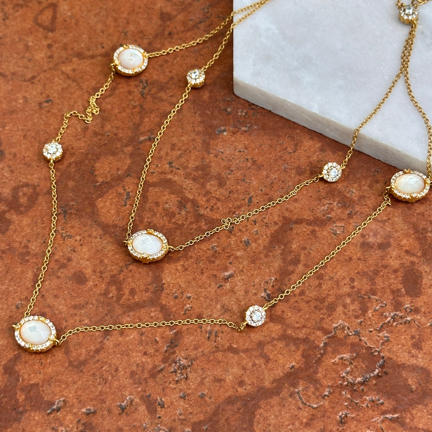 Estate Sterling Silver Yellow Gold Plated Mother of Pearl + Cubic Zirconia Freida Rothman Station Necklace 36"