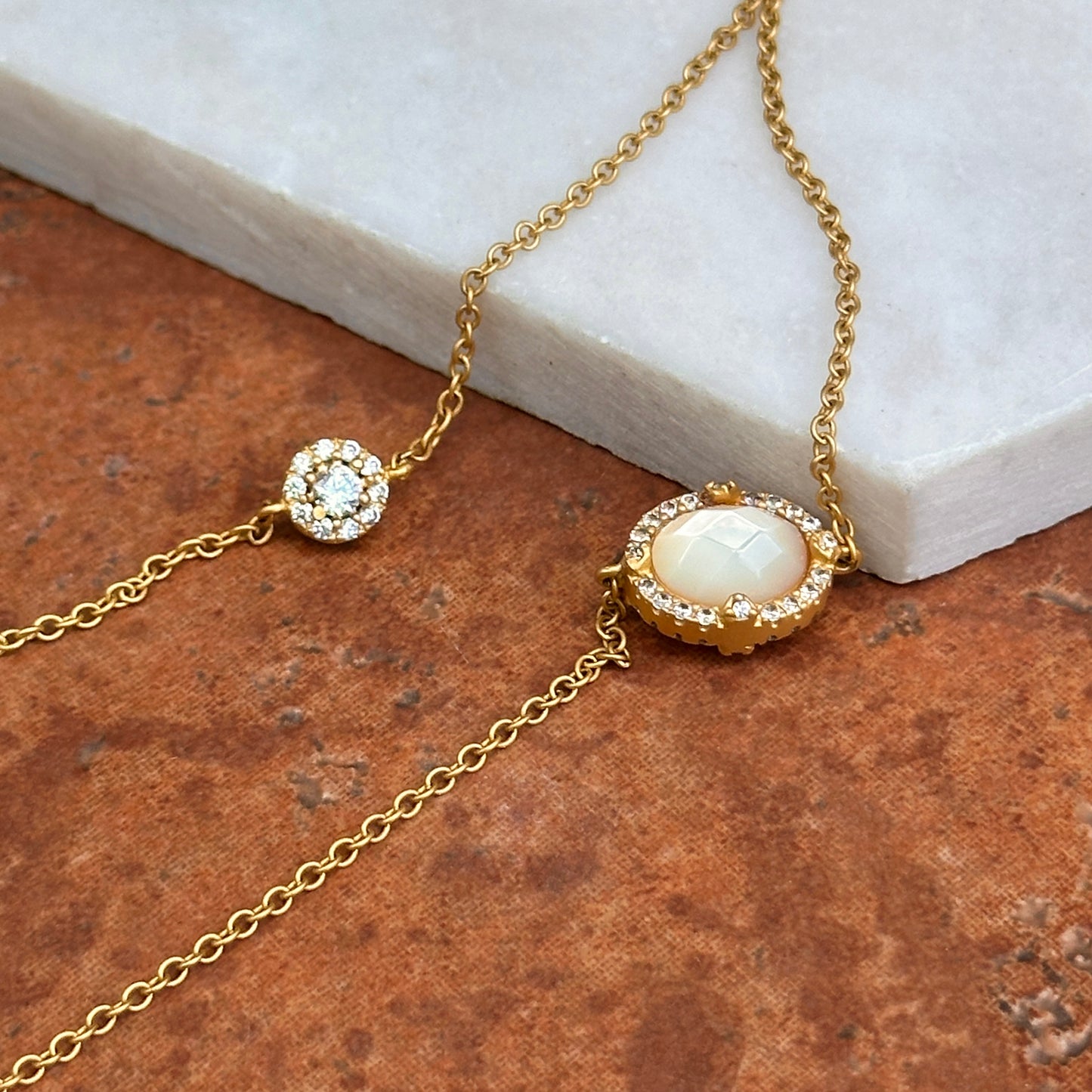 Estate Sterling Silver Yellow Gold Plated Mother of Pearl + Cubic Zirconia Freida Rothman Station Necklace 36"