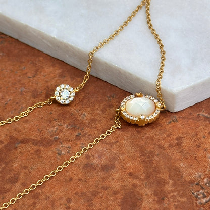 Estate Sterling Silver Yellow Gold Plated Mother of Pearl + Cubic Zirconia Freida Rothman Station Necklace 36"