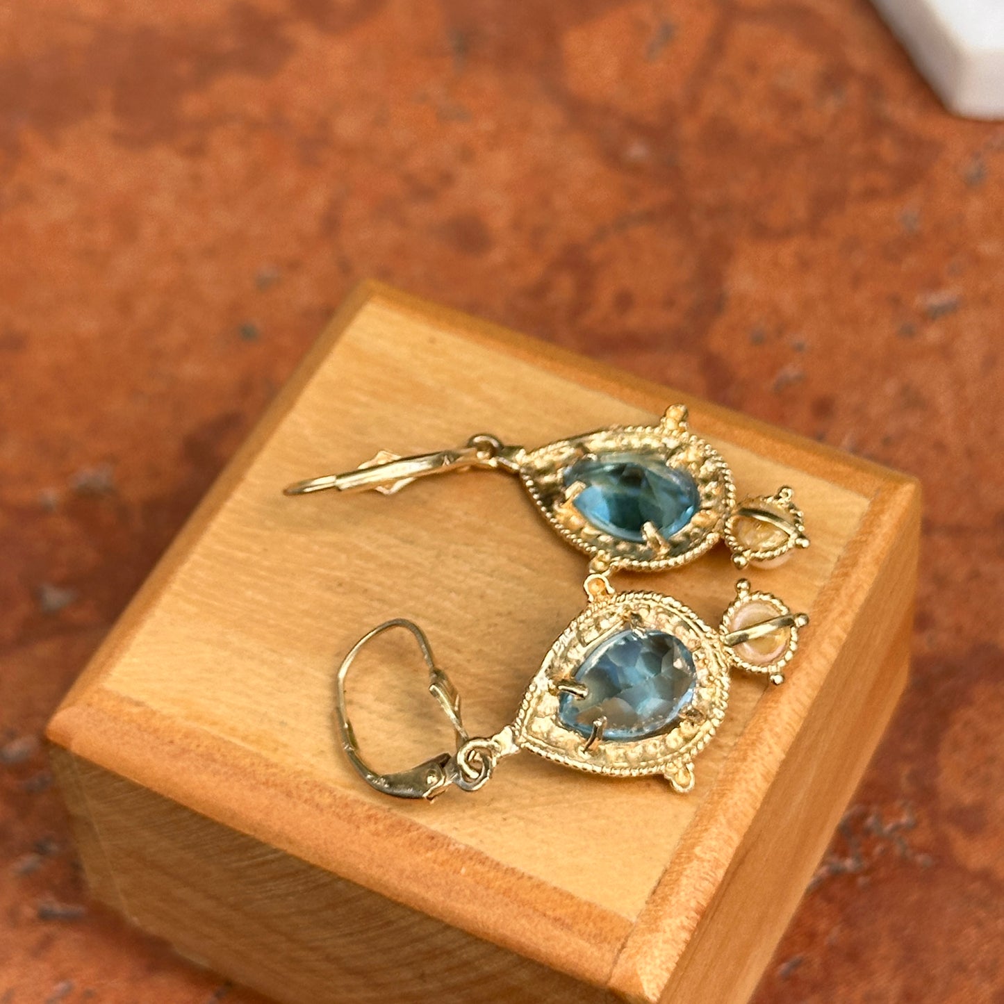Estate 14KT Yellow Gold Pear Swiss Blue Topaz + Pearl Filigree Dangle Earrings