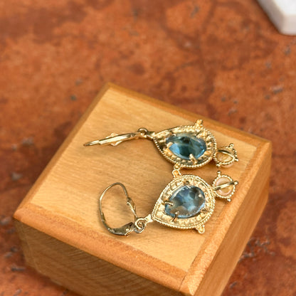 Estate 14KT Yellow Gold Pear Swiss Blue Topaz + Pearl Filigree Dangle Earrings