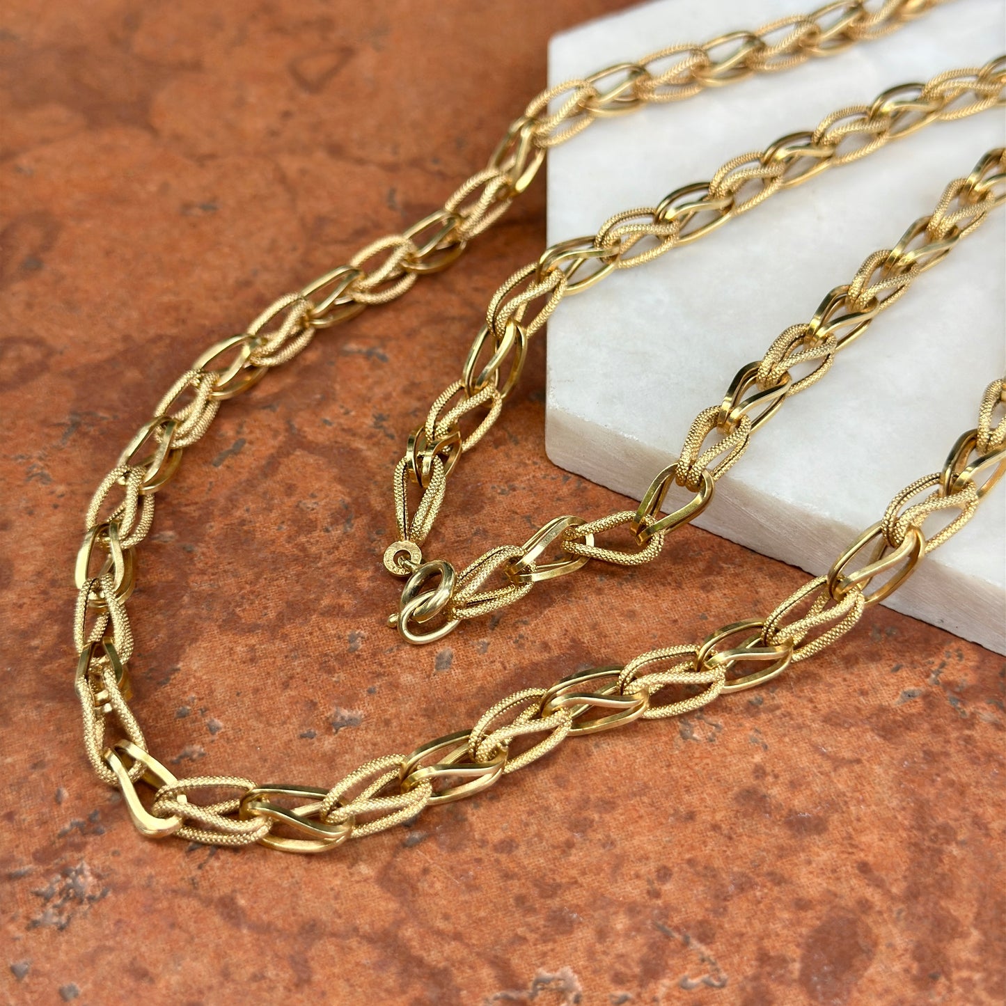 Estate 14KT Yellow Gold Textured + Shiny 3D Links Necklace 32"