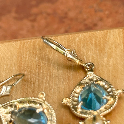 Estate 14KT Yellow Gold Pear Swiss Blue Topaz + Pearl Filigree Dangle Earrings