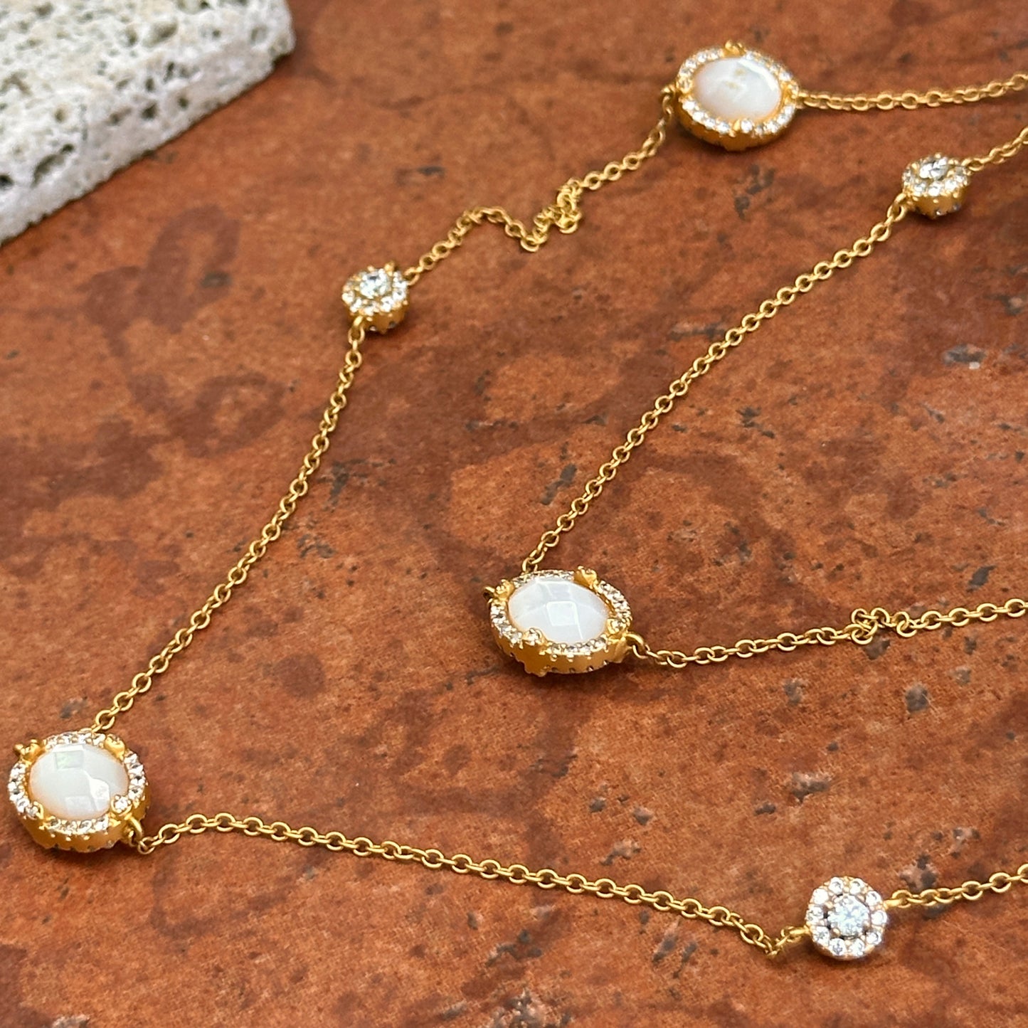 Estate Sterling Silver Yellow Gold Plated Mother of Pearl + Cubic Zirconia Freida Rothman Station Necklace 36"