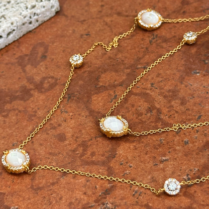 Estate Sterling Silver Yellow Gold Plated Mother of Pearl + Cubic Zirconia Freida Rothman Station Necklace 36"