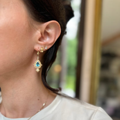 Estate 14KT Yellow Gold Pear Swiss Blue Topaz + Pearl Filigree Dangle Earrings